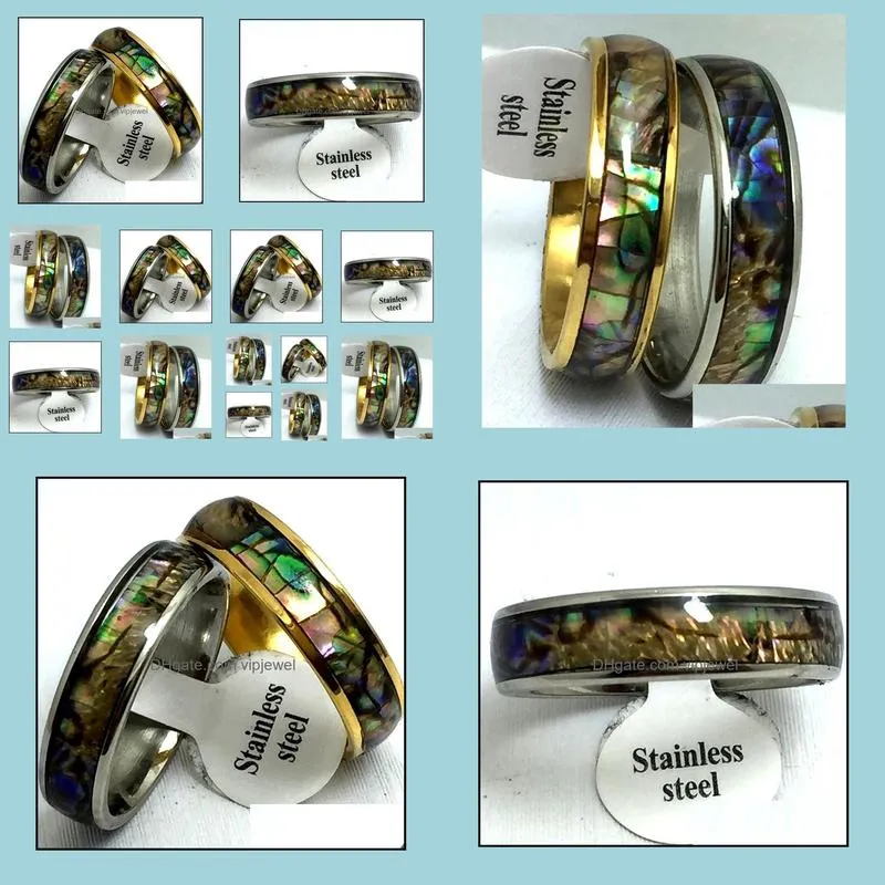 wholesale 15pcs 6mm abalone shell band stainless steel rings fashion jewelry summer ring for man women