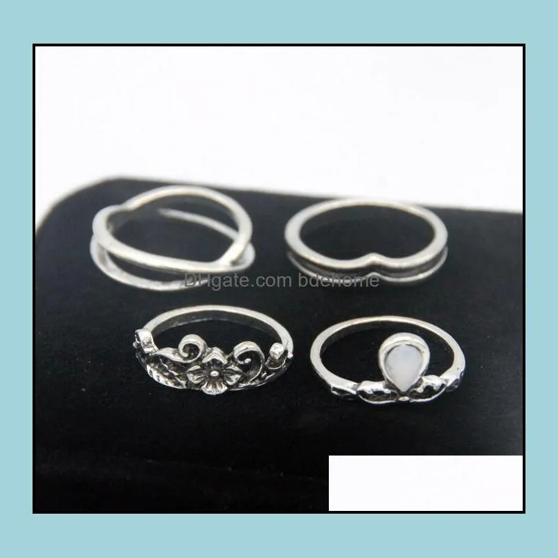 7pcs/set flower gemstone carved ring set antique silver plated vintage bohemian turkish fashion women accessories
