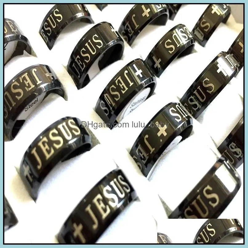 wholesale 36pcs black 8mm jesus cross 316l stainless steel rings christian enamel fashion band jewelry finger ring
