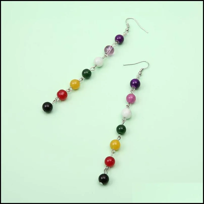 rainbow round natural stone earrings 7 chakra earrings women long fringed statement beads earring reiki healing jewelry gifts