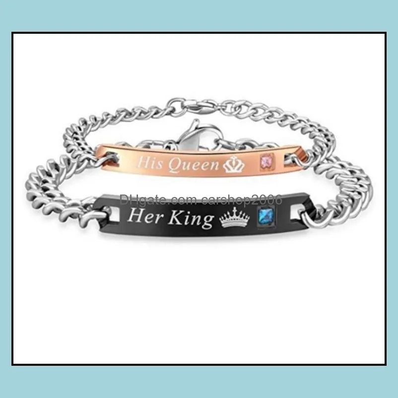 stainless steel couple link bracelets for women men his queen her king lover charm bracelet bangles beauty beast designer