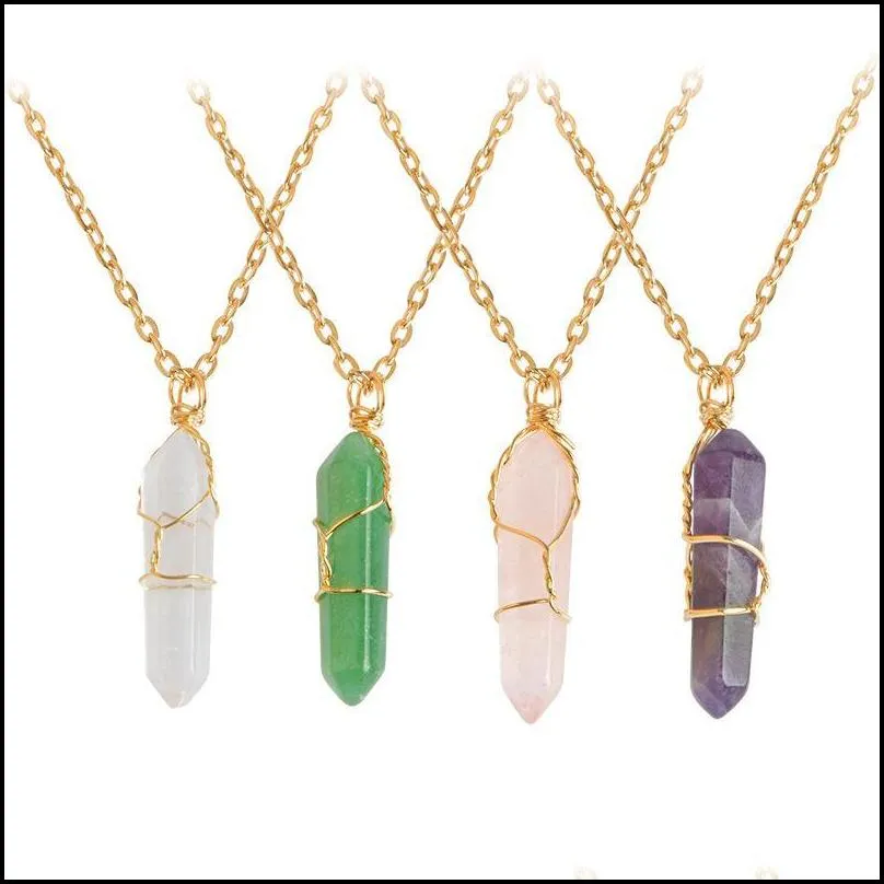 hexagon shape chakra natural stone healing point pendants necklaces with gold chain for women jewelry
