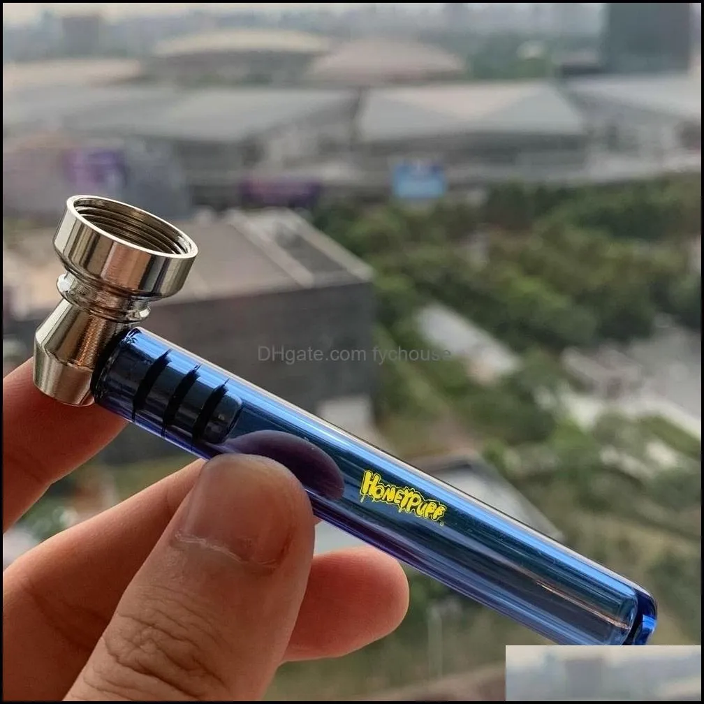 wholesale mix color glass smoke pipe 93mm tobacco herb pipes with metal bowl smoking accessories