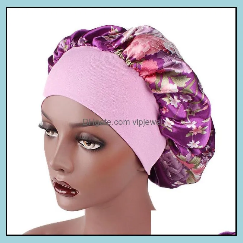 women satin night sleep cap hair bonnet hat silk head cover wide elastic band shower caps 18 colors