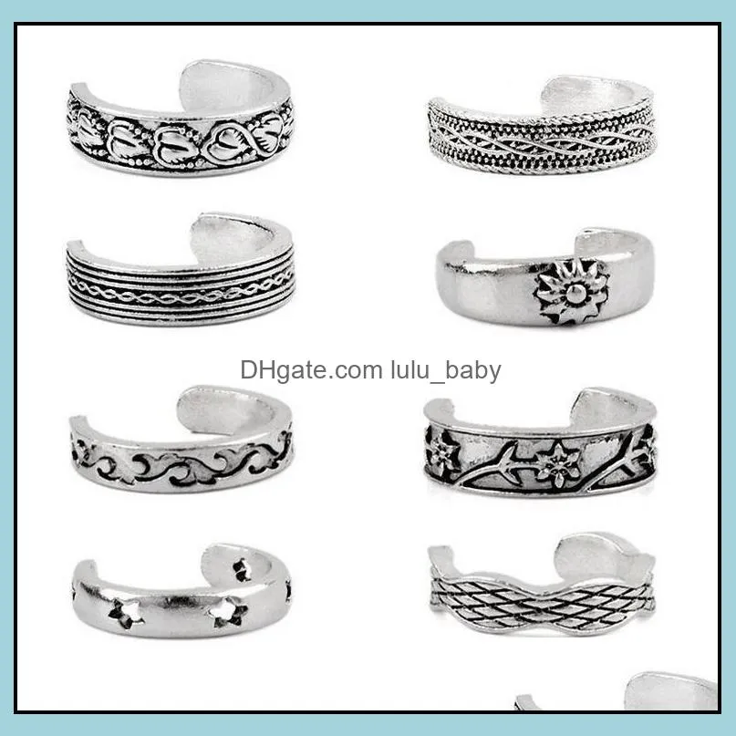 8pcs elegant women 925 sterling silver toe ring foot adjustable beach jewelry fashion show retro style body jewellry