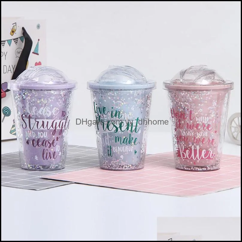 summer ice cup blue pink purple water bottle with lid and straws 600ml outdoor water drinkware