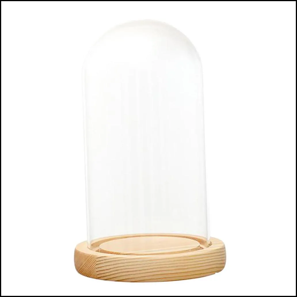 clear glass display dome with led wood base microlandscape miniature dollhouse diy holder flower preservation vase holder 210409