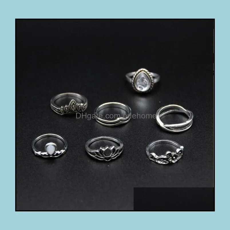 7pcs/set flower gemstone carved ring set antique silver plated vintage bohemian turkish fashion women accessories