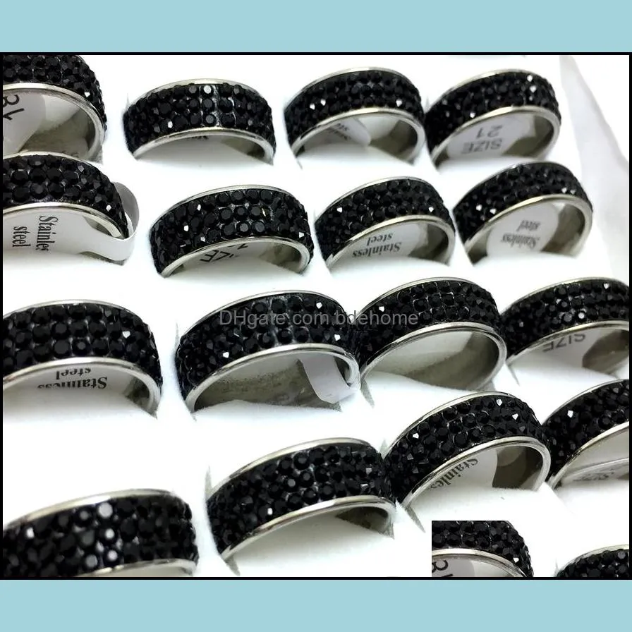 wholesale 50pcs black zircon rheinstone 316l stainless steel rings fashion band jewelry lady women men finger ring