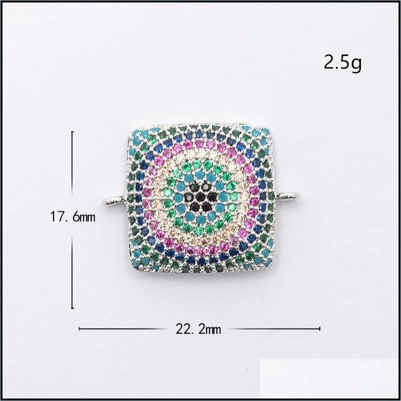 rainbow color square micro pave copper evil eye charms for diy jewelry connectors