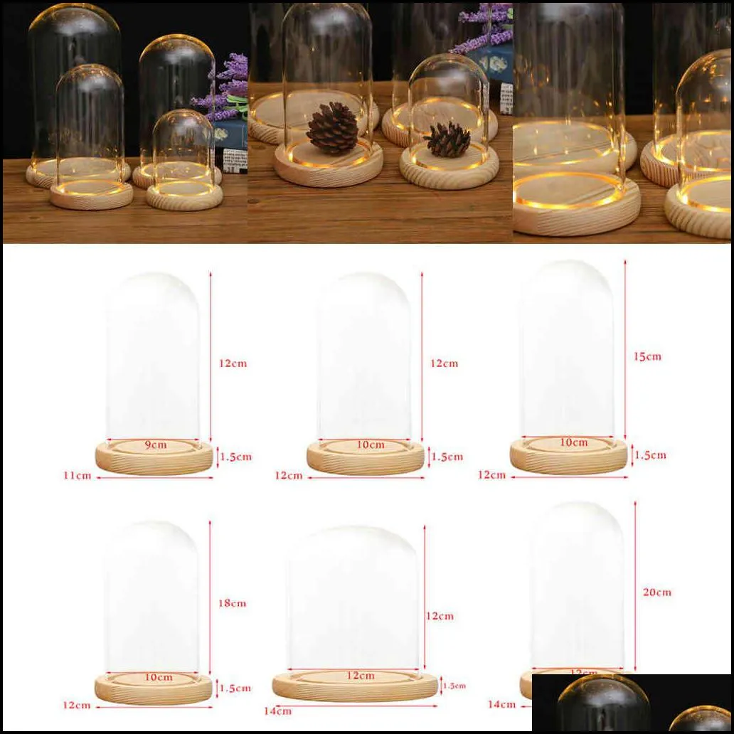 clear glass display dome with led wood base microlandscape miniature dollhouse diy holder flower preservation vase holder 210409