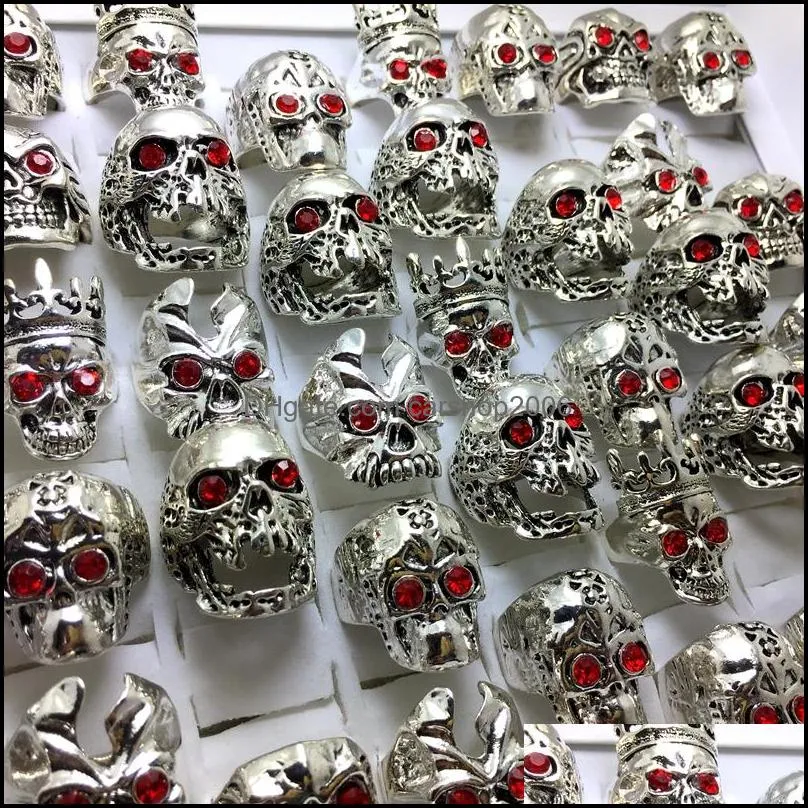 wholesale 20pcs mix red eye skull silver plated skull pattern rings jewelry finger ring punk biker fashion