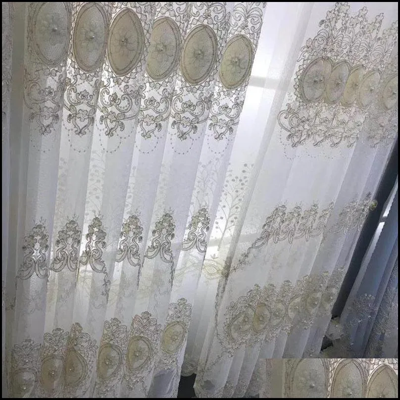 european luxury embroidery screen beads tulle curtain luxury home decoration for living room bedroom custom sheer curtain t2604
