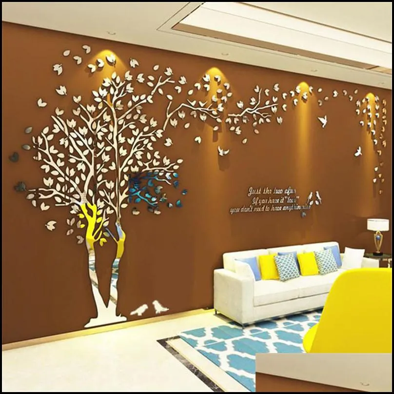 3d acrylic mirror wall sticker diy large tree sticker living room tv background wall decoration home mural art wall t200111
