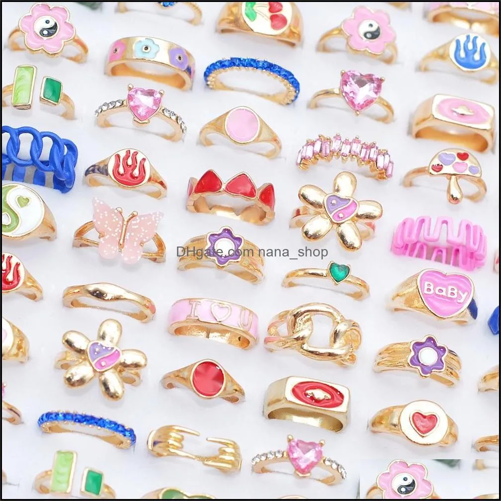 bulk lots 50pcs colorful crystal stone vintage rings dropping oil gold metal women girls size 1719 fashion cute luxury bohemia jewelry accessories