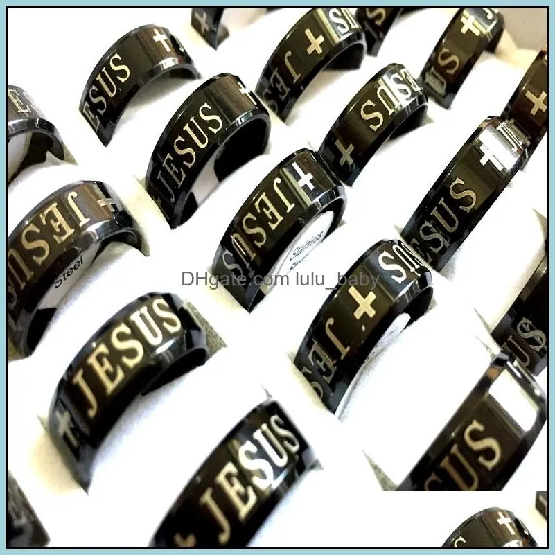 wholesale 36pcs black 8mm jesus cross 316l stainless steel rings christian enamel fashion band jewelry finger ring