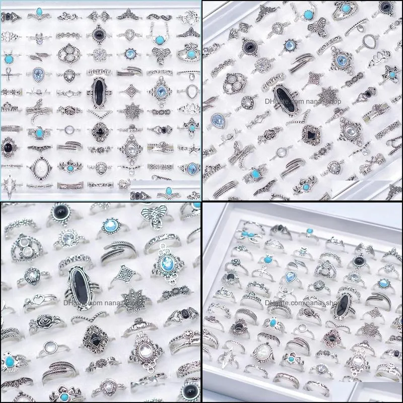 bulk 100pcs lots bohemia crystal vintage rings mix size antique silver ethnic women fashion charm jewelry gifts finger accessories