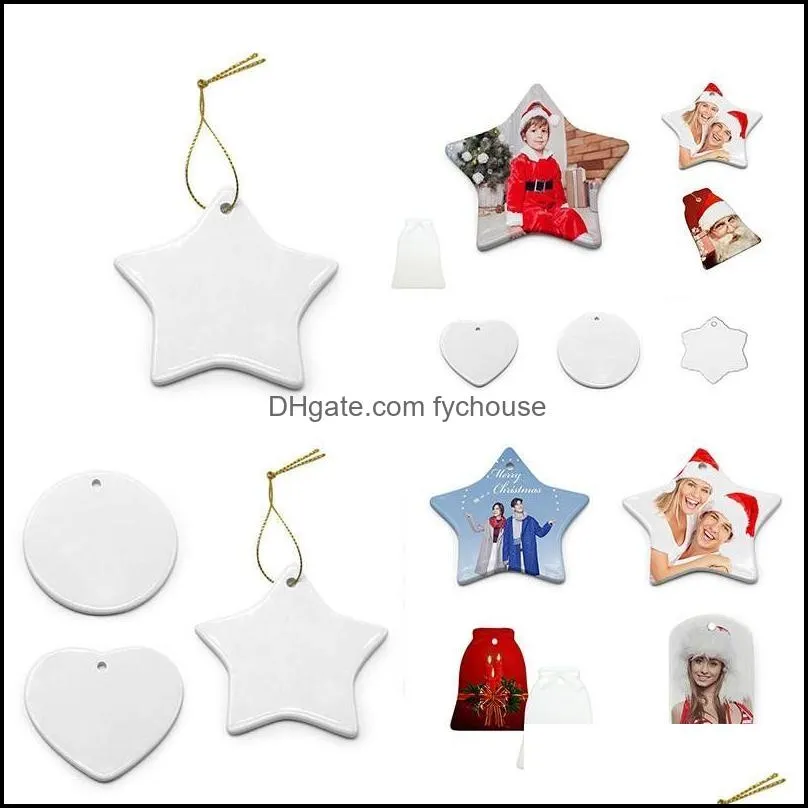 christmas ornament party sublimation white ceramic squard oval shaped decor with gold string xmas tree hanging pendant decoration