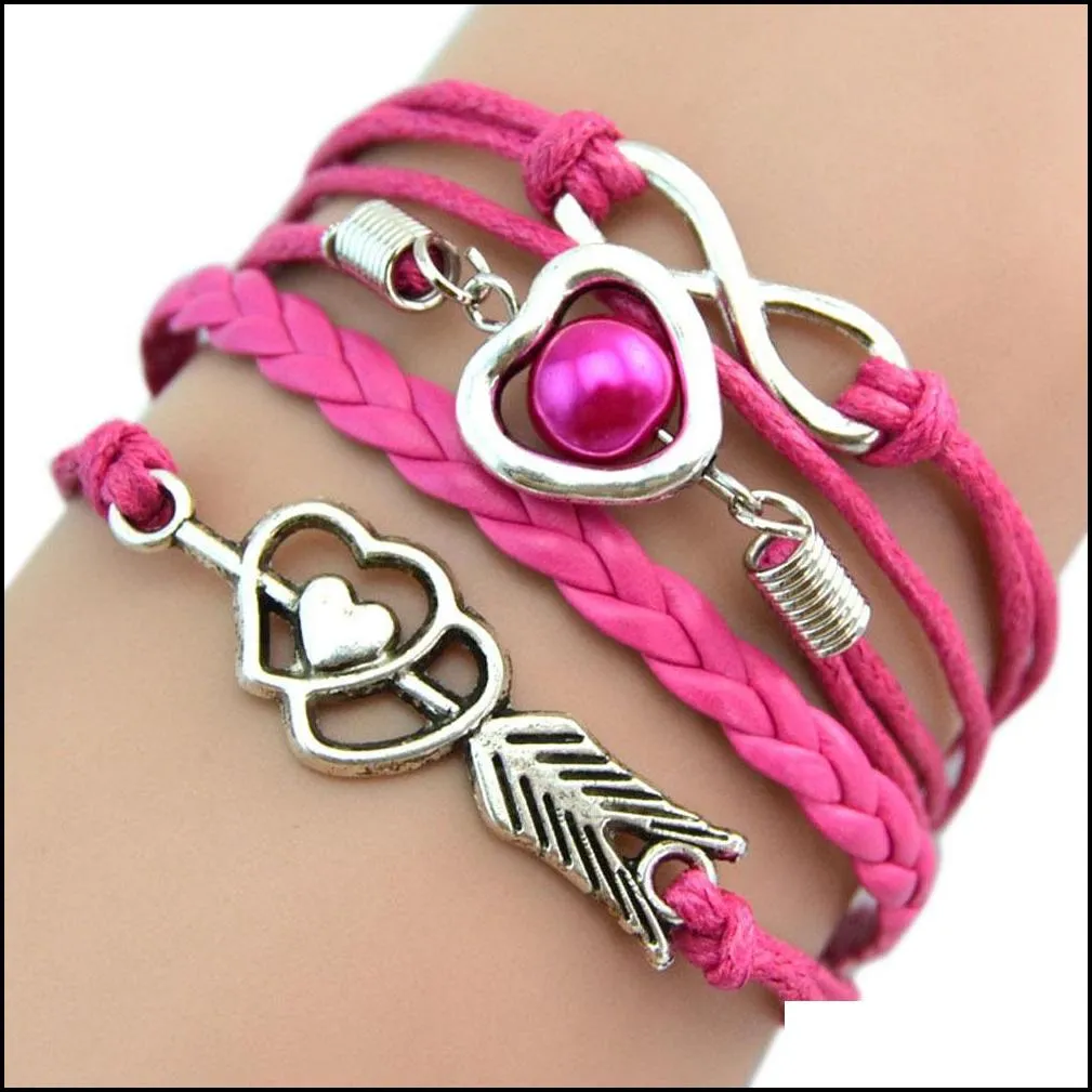 charm bracelets love heart pearl friendship infinity leather bracelet