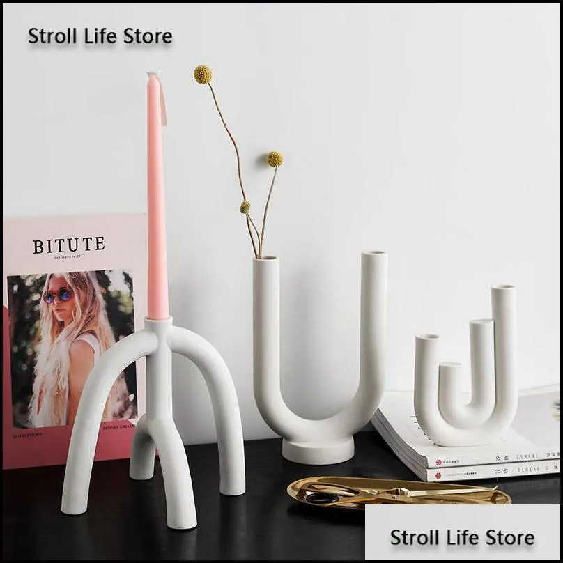 nordic creative ceramic candlestick white candle holders water pipe modern living room candle stand home ornament gift fc455 201202