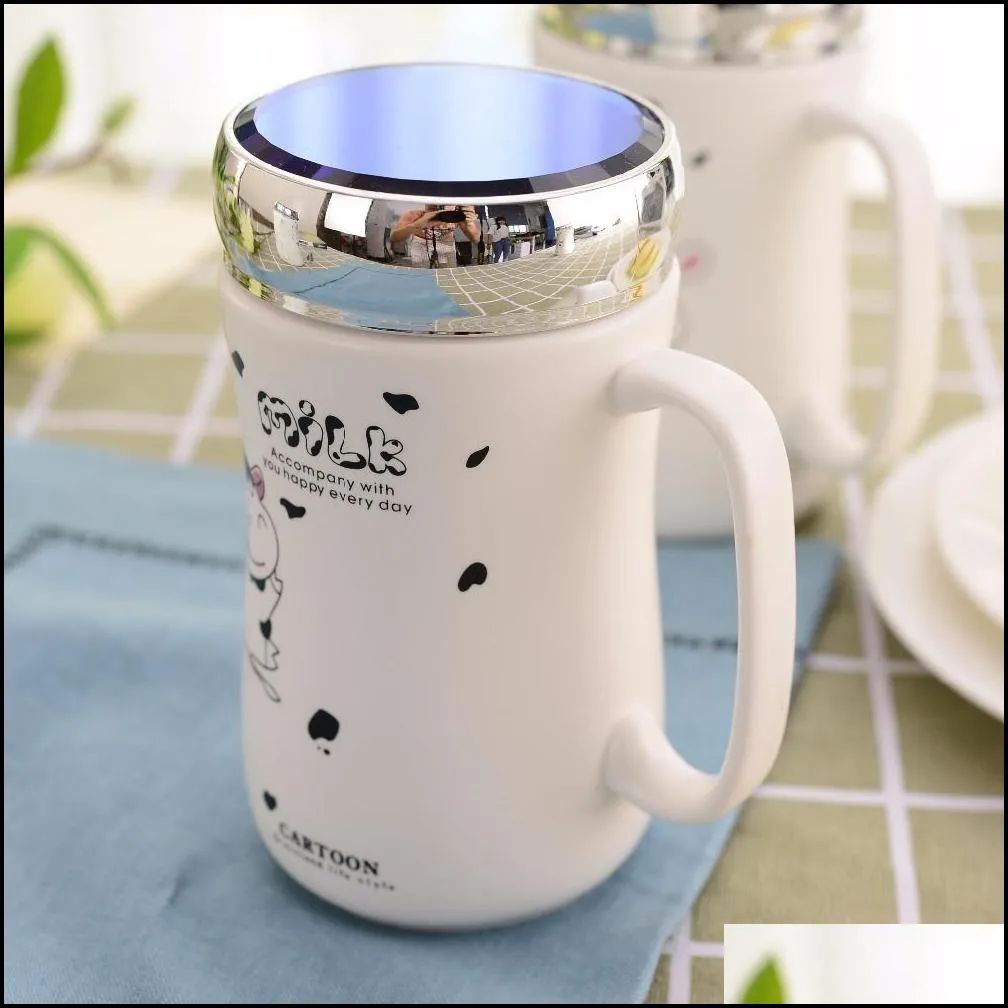 380ml cartoon cow priting matte porcelain coffee tea mug with mirror lid unique creative gift personalized handmade white online