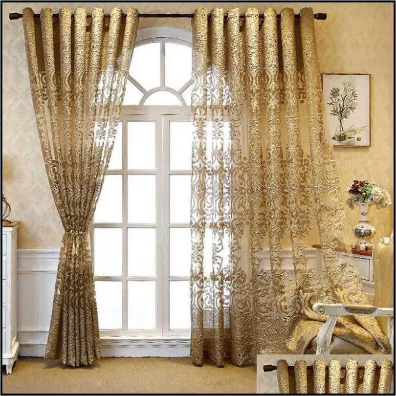 european luxury dark golden embroidered tulle curtain jacquard sheer panel for living room bedroom royal home decor zh4314 210913