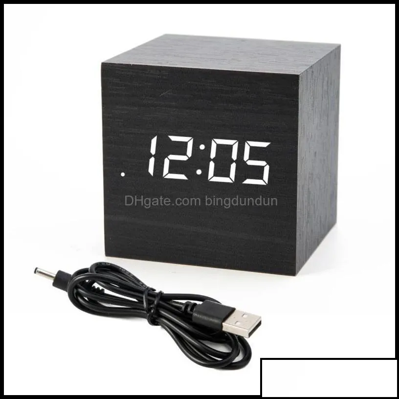 Desk Table Clocks Home Decor Garden Mini Digital Wooden Led Alarm Clock Wood Retro Glow Desktop Voice Control Sn Function Calender Drop