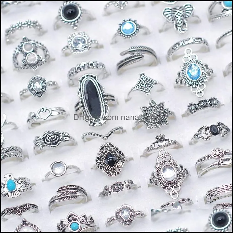 bulk 100pcs lots bohemia crystal vintage rings mix size antique silver ethnic women fashion charm jewelry gifts finger accessories