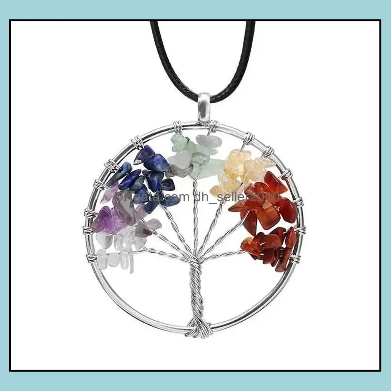 tree of life quartz pendant necklace rainbow 7 chakra multicolor natural stone wisdom tree leather chain necklace for girls gift