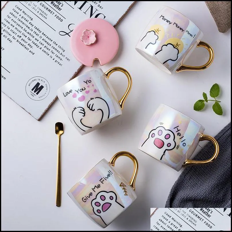 cartoon ceramics cat mug with lid and spoon coffee milk mugs cute creative breakfast cup valentines day wedding birthday gift t200506