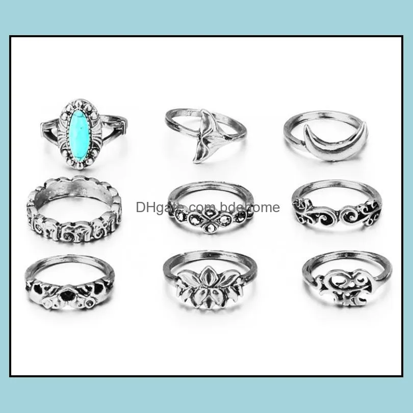 9pieces/set joint ring for women wide index finger bohemian rings retro totem carved geometric rings with elephant fishtail