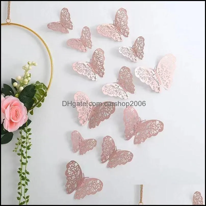 12pcs/lot 3d hollow butterfly wall sticker 3 sizes gold pink silver butterflies removable wall decals decor