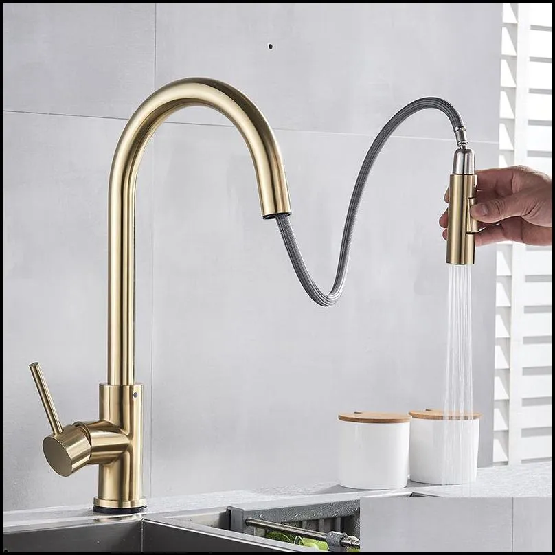 pull out sensor kitchen faucet brushed gold sensitive touch control faucet mixer for kitchen touch sensor kitchen mixer tap t200423