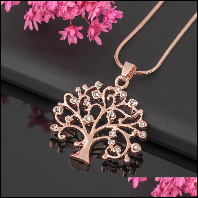 tree of life pendant necklace women chic jewelry crystal statement necklaces pendants christmas gifts bijoux rose gold long chain