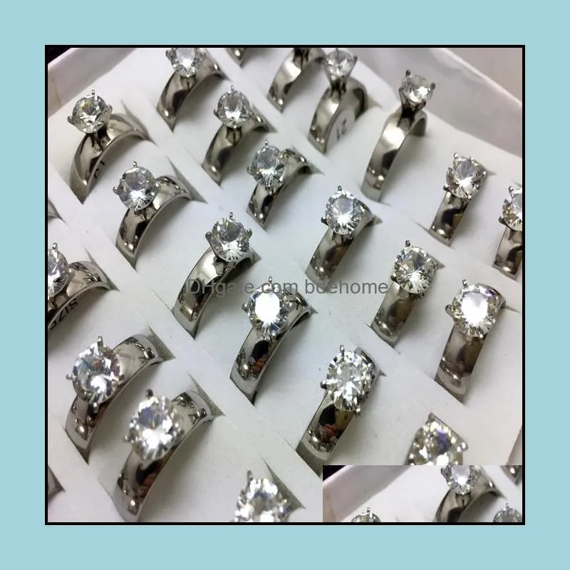 wholesale 36pcs 6mm band crystal zircon rheinstone 316l stainless steel rings fashion band jewelry lady women men finger ring