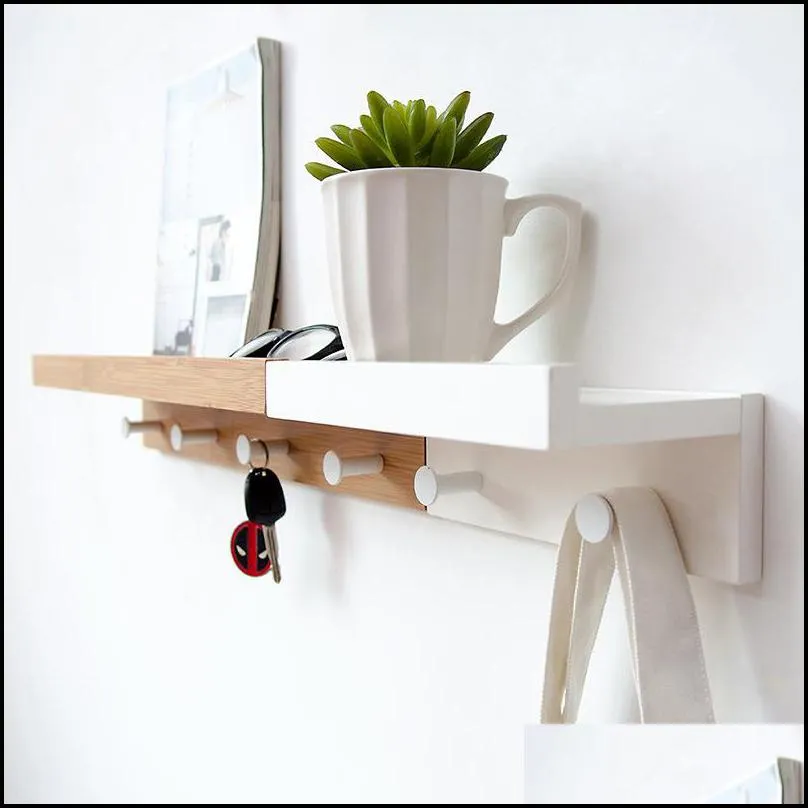 creative wall hanging solid wood hook rack nordic partition shelf wall shelves coat hooks diy living room home decor key hook t200115