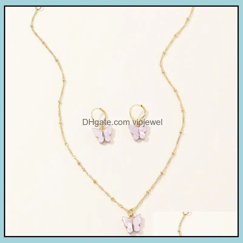  butterfly pendant necklaces and earrings set for women girls fashion pink gold necklace elegant choker sweet jewelry gift epacket