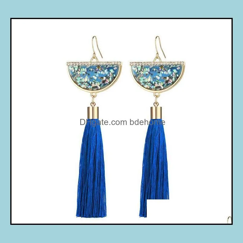 bohemian crystal tassel dangle earrings black white blue red green silk fabric long drop tassels earring for women jewelry gifts