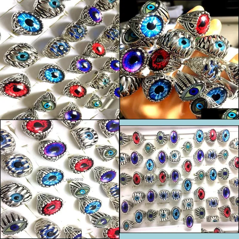 wholesale 30pcs mix eye ball silver plated pattern rings jewelry finger unisex man women punk biker fashion