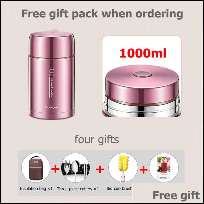 boaoni 750ml/1000ml food thermal jar vacuum insulated soup thermos containers 316 stainless steel lunch box with folding spoon t200902