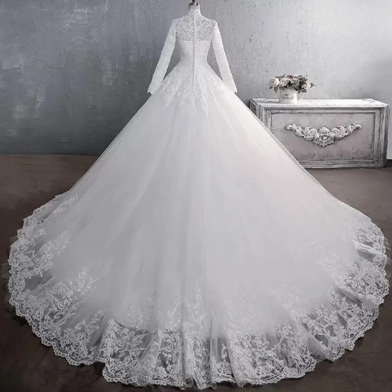 Princess Wedding Dresses Luxury Lace High Collar Long Sleeves Appliqued Celebrity Ball Gown Bridal Gowns Muslim Vestido De Noiva