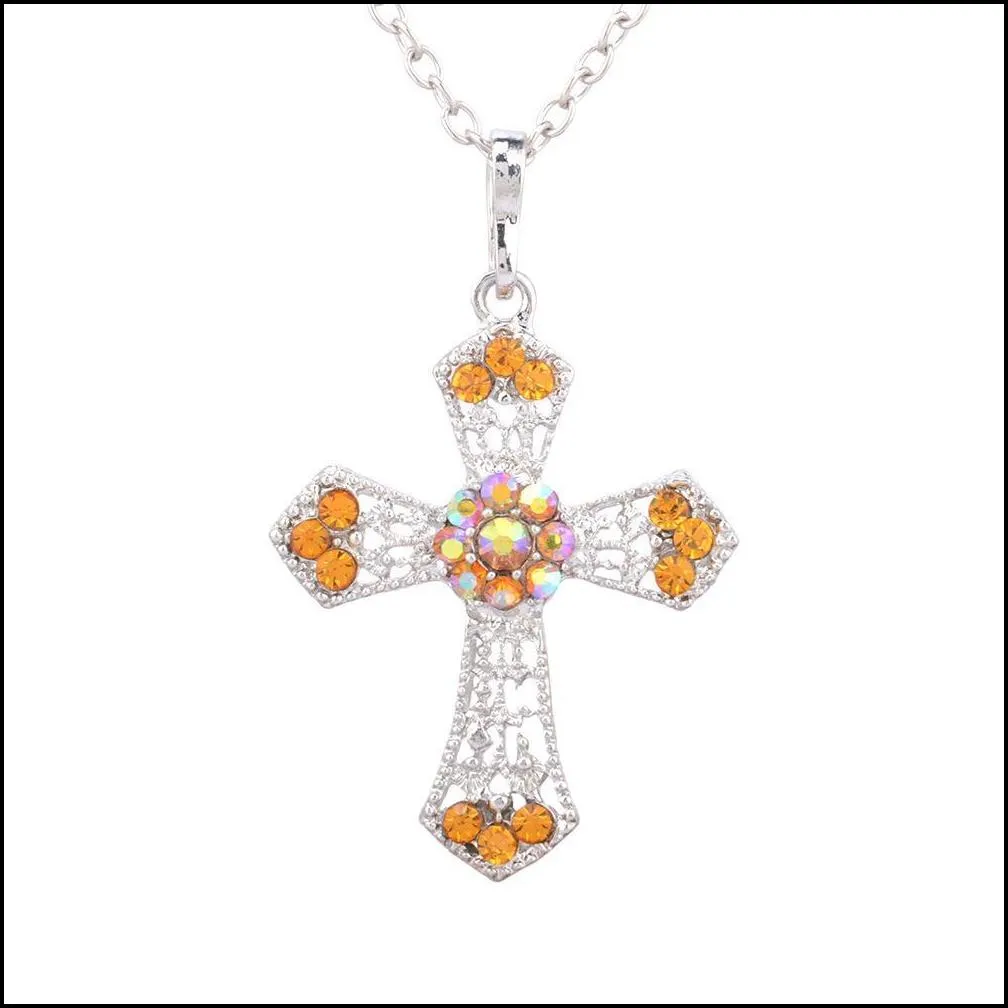 pretty cross pendant beautifully necklace for women sweater chain necklace silver color rhinestone crystal necklace