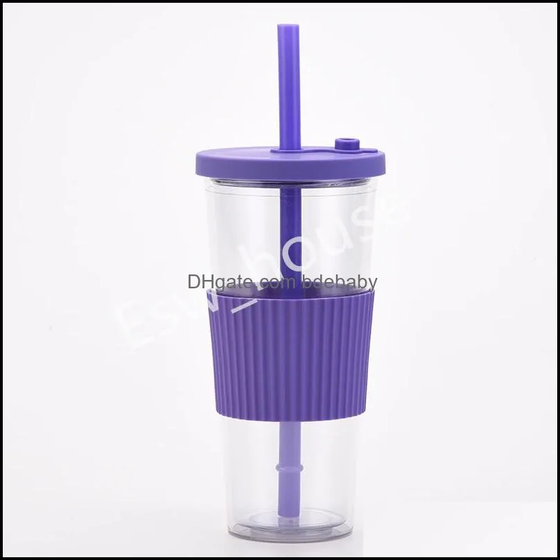 reusable smoothie tumbler double layer 700ml wide mouth boba cup with straws and anti slip silicone sleeve