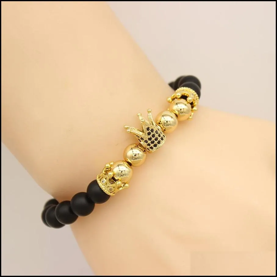 pave zircon crown bracelet charm men handmade black matte women weaving jewelry stone beads bracelets
