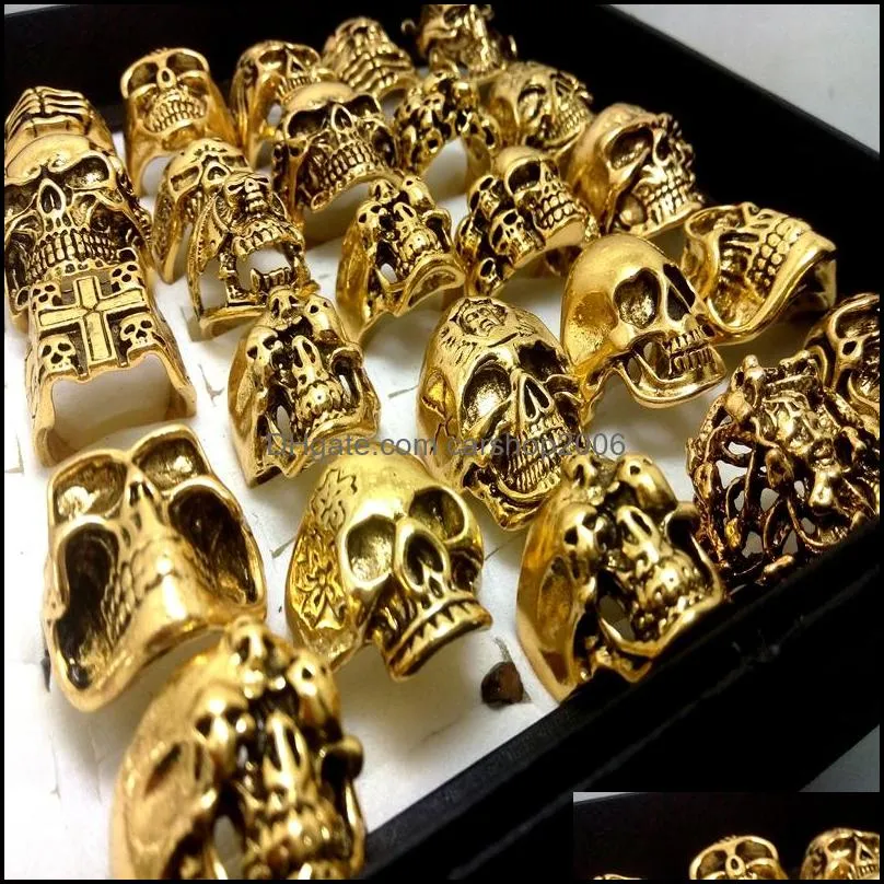 30pcs gold skull head patten skeleton alloy rings jewelry finger ring crystal men punk biker fashion assorted style wholesale