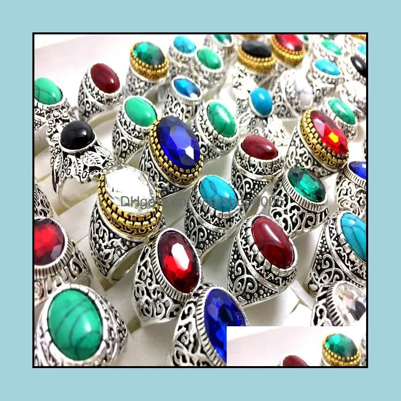 30pcs turquoise alloy rings jewelry finger ring crystal men women punk biker fashion assorted style wholesale