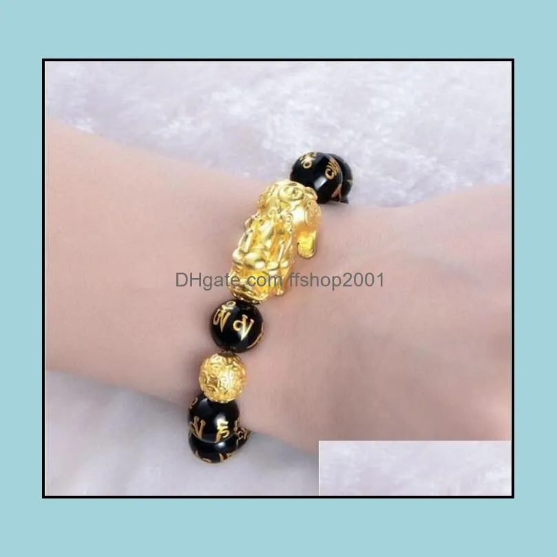 feng shui obsidian stone 12mm beads strands bracelet men women unisex wristband gold black pixiu wealth and good luck bracelets gi