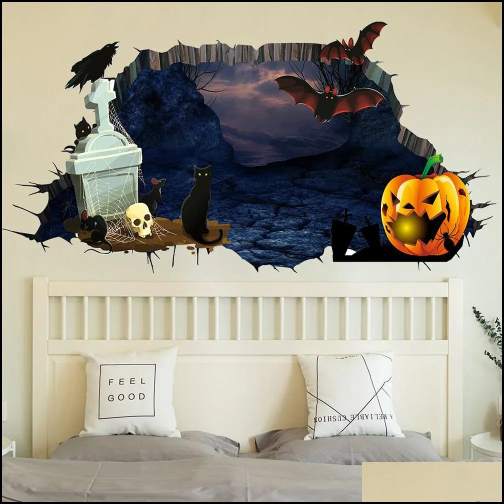 new halloween 3d wall sticker ghost house pumpkin broken wall living room bedroom decorative stickers h005 57cm x 90cm
