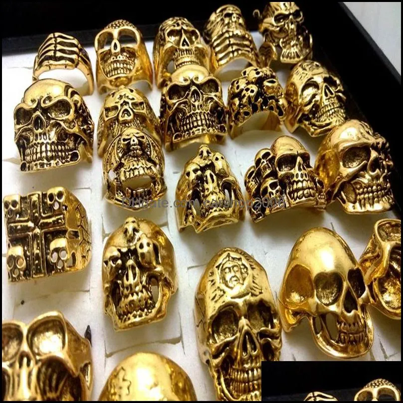 30pcs gold skull head patten skeleton alloy rings jewelry finger ring crystal men punk biker fashion assorted style wholesale