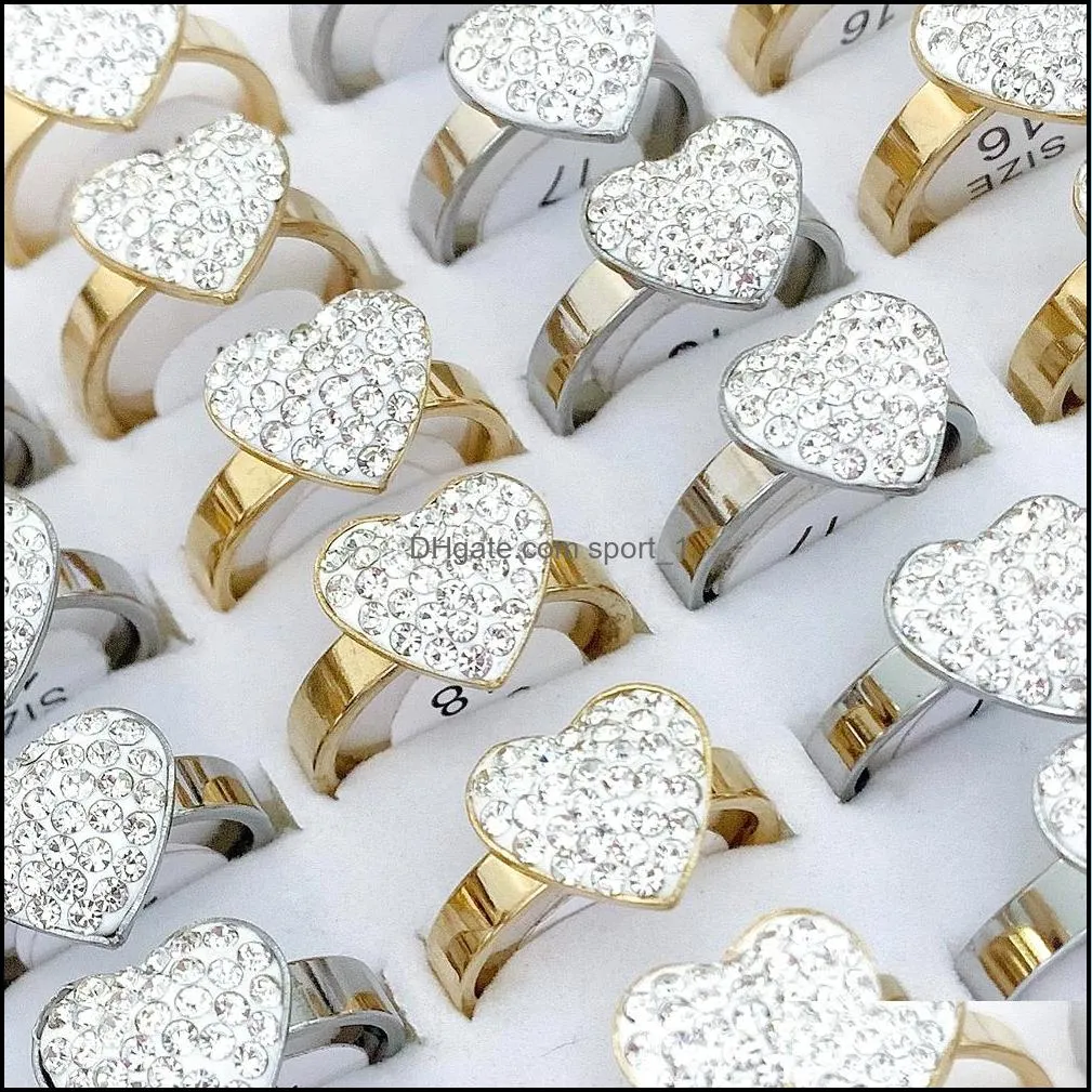 bulk lots 30pcs heart gemstone stainless steel rhinestone rings mix fashion shiny charm elegant women wedding gifts jewelry